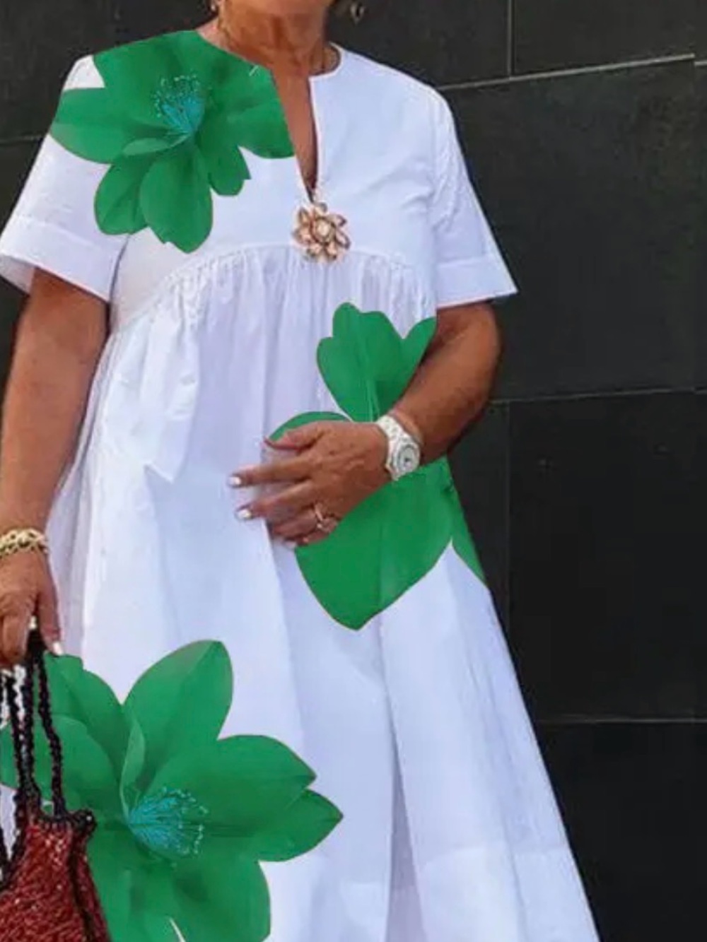 White Cotton Maxi‎ Dress with Green Floral Print